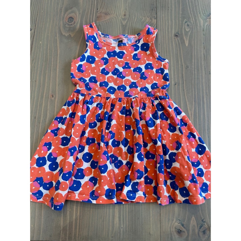 Kk20 Tea Collection Girls Orange Blue Floral Cotton Skater Dress Size 3